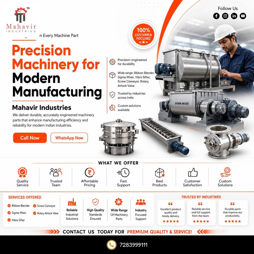 Discover how Mahavir Industries delivers precision-engineered machinery like ribbon blenders, sigma mixers, vibro sifters, and rotary airlock valves to boost manufacturing productivity in India.